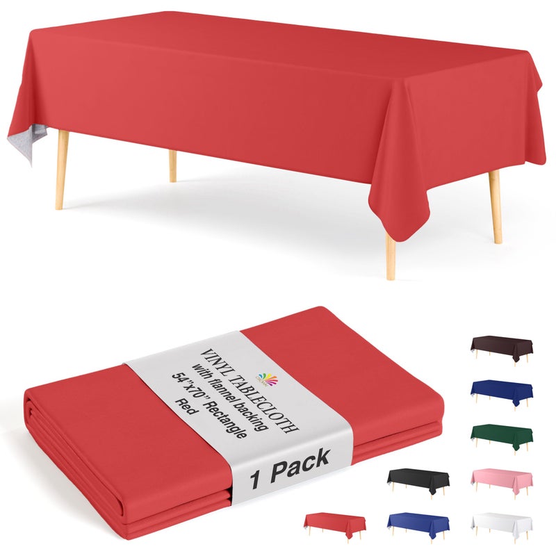 Exquisite Red Vinyl Tablecloths - 54 in. x 70 in. - Pack of 1 Rectangle Tablecloth with Flannel Backing - Plastic, Reusable & Waterproof - Image 1
